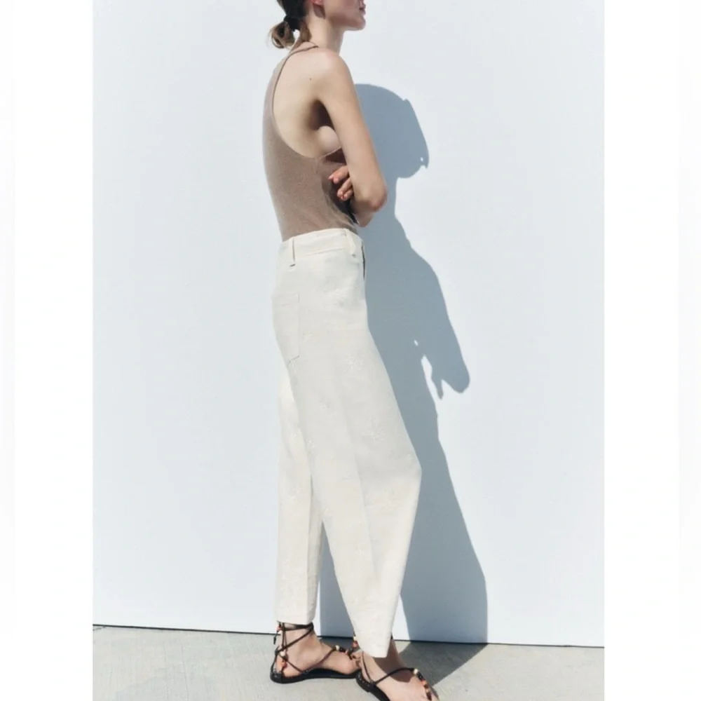 Zara ZW Collection Embroidered Ecru Linen Blend Pants XS